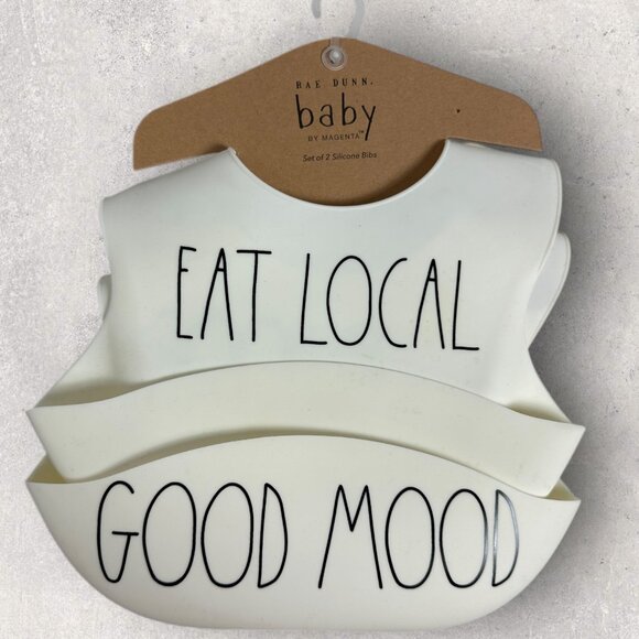 NWT Rae‎ Dunn Baby by Magenta Set of Two Silicone Bibs Eat Local Good Mood White - Picture 3 of 6